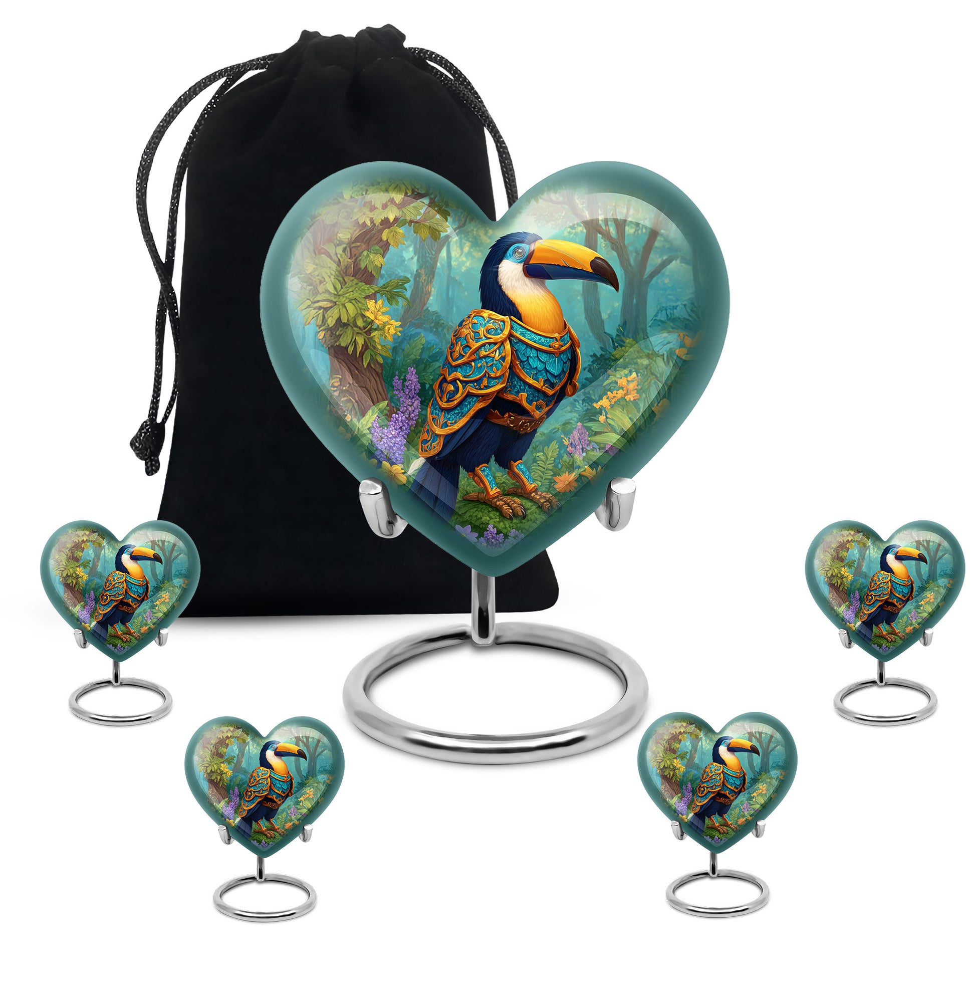 Harvest Yellow Hornbill Cremation Urn close-up of engraving and surface detail - heart-shaped hornbill design symbolizing eternal love - memorial set with one large and four small urns