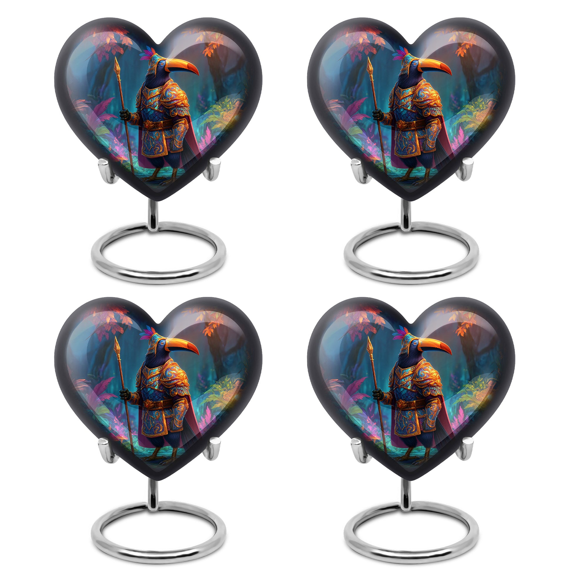 Rose Pink Hornbill Cremation Urn angled view of lid and engraved motif - heart-shaped hornbill design symbolizing eternal love - 10 inch aluminum urn for cremated remains