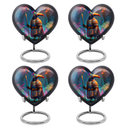Rose Pink Hornbill Cremation Urn angled view of lid and engraved motif - heart-shaped hornbill design symbolizing eternal love - 10 inch aluminum urn for cremated remains