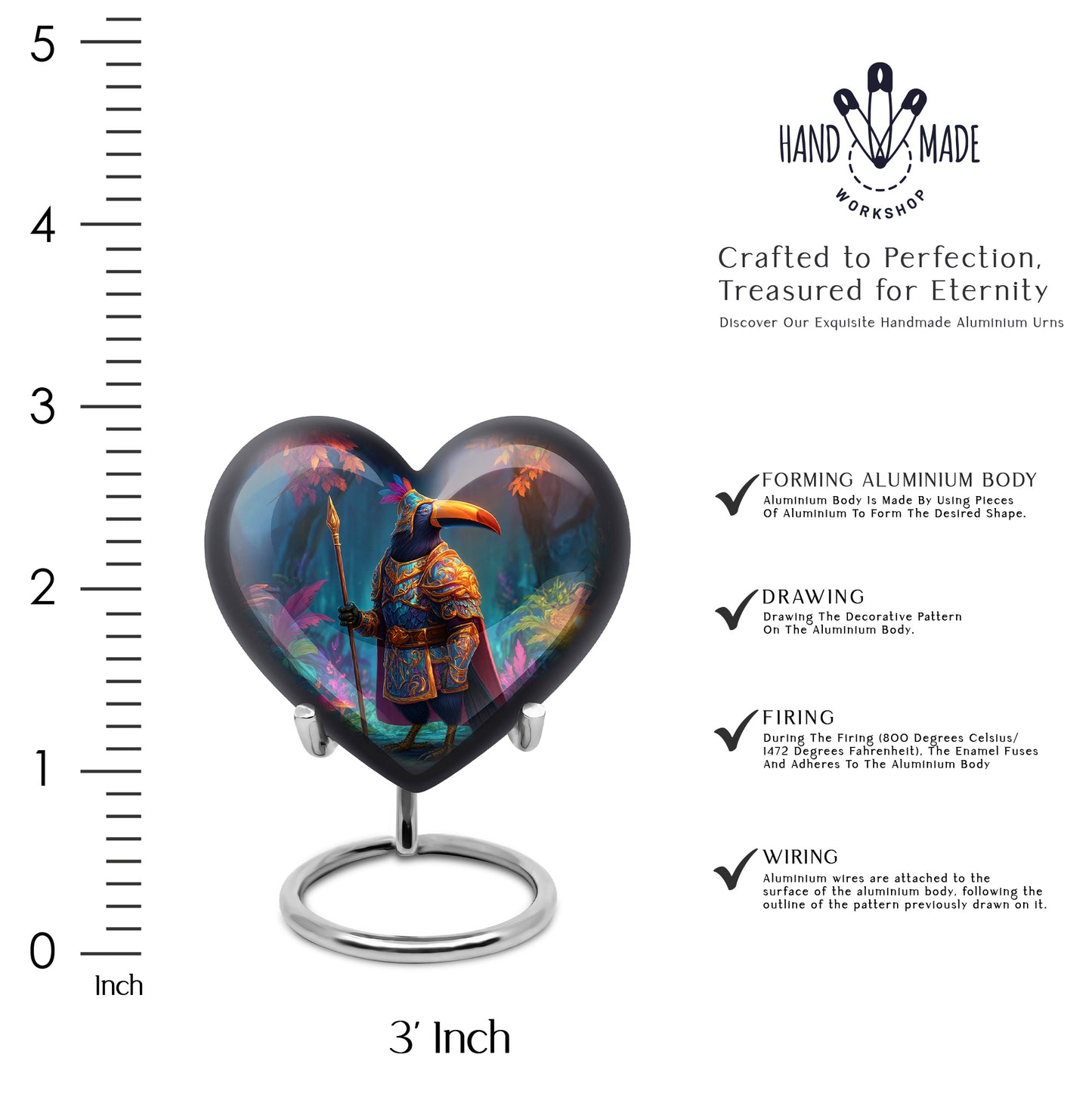 Peony Pink Hornbill Cremation Urn front view showing detailed design - heart-shaped hornbill design symbolizing eternal love - mini keepsake memorial for portion of cremation ashes