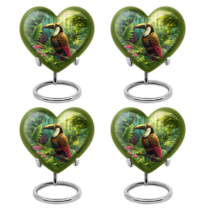 Sunshine Yellow Hornbill Cremation Urn angled view of lid and engraved motif - romantic heart urn with hornbill motif on aluminum - 10 inch aluminum urn for cremated remains