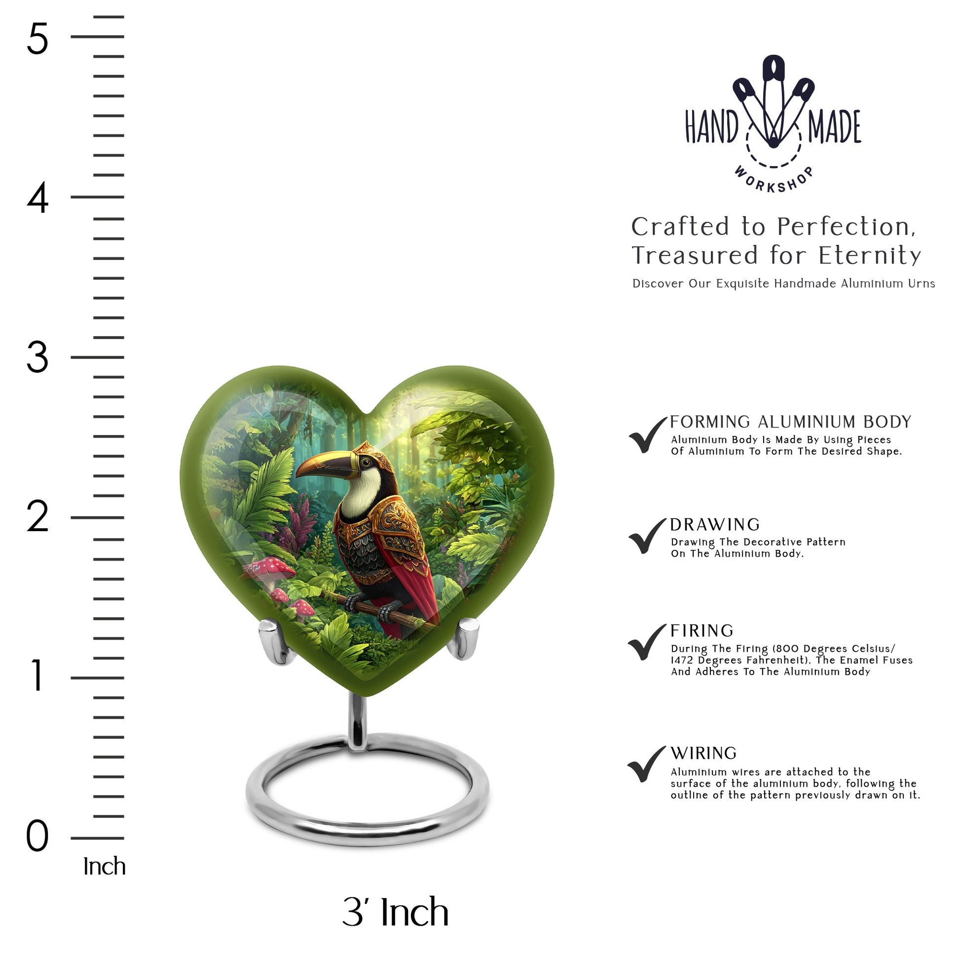 Soft Yellow Hornbill Cremation Urn front view showing detailed design - romantic heart urn with hornbill motif on aluminum - mini keepsake memorial for portion of cremation ashes