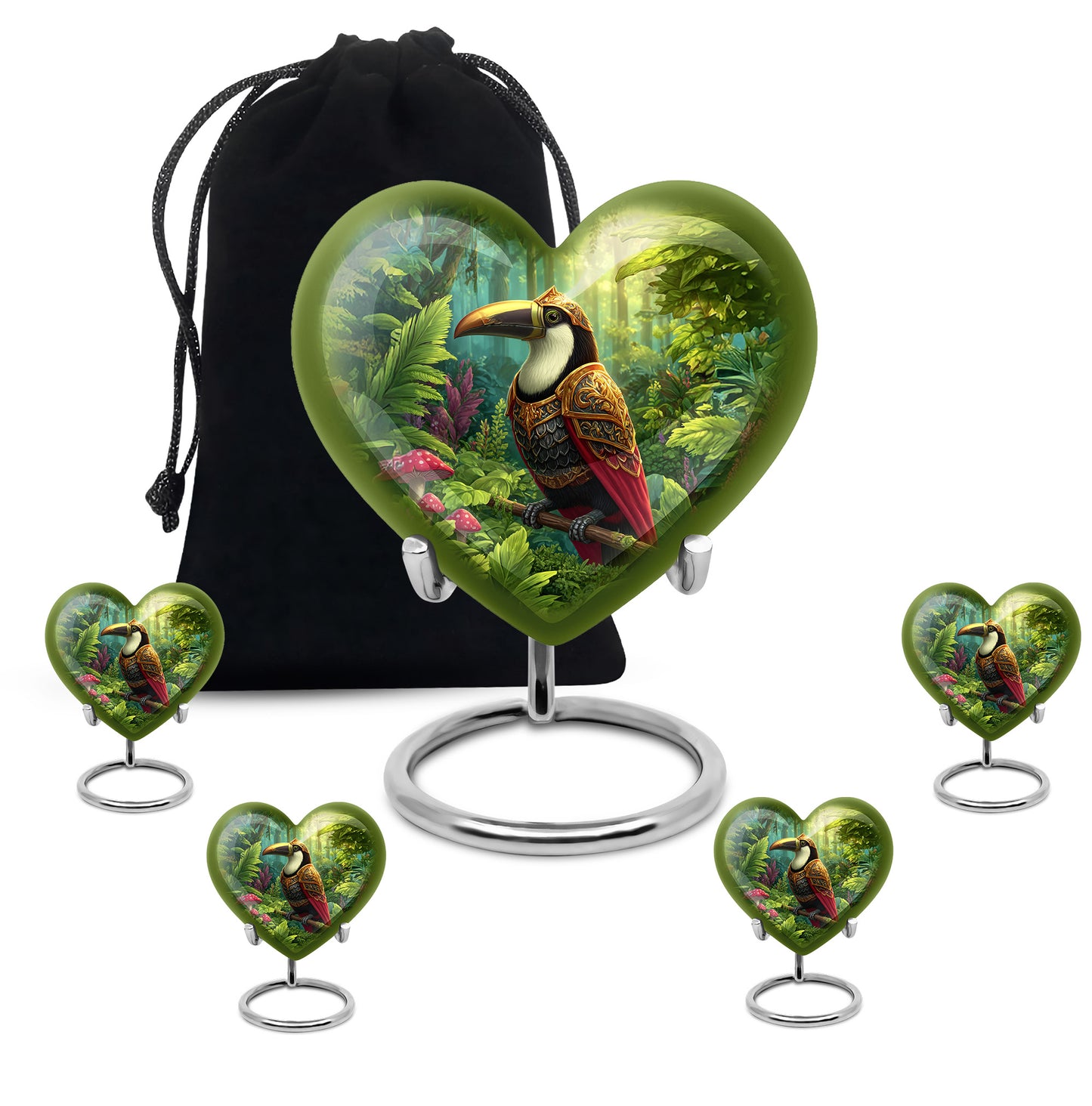 Soft Yellow Hornbill Cremation Urn close-up of engraving and surface detail - romantic heart urn with hornbill motif on aluminum - memorial set with one large and four small urns