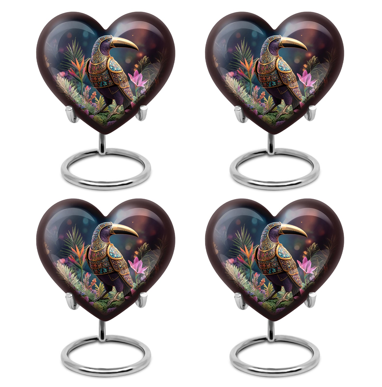 Midnight Black Hornbill Cremation Urn angled view of lid and engraved motif - compassionate heart-hornbill combination with gentle curves - 10 inch aluminum urn for cremated remains