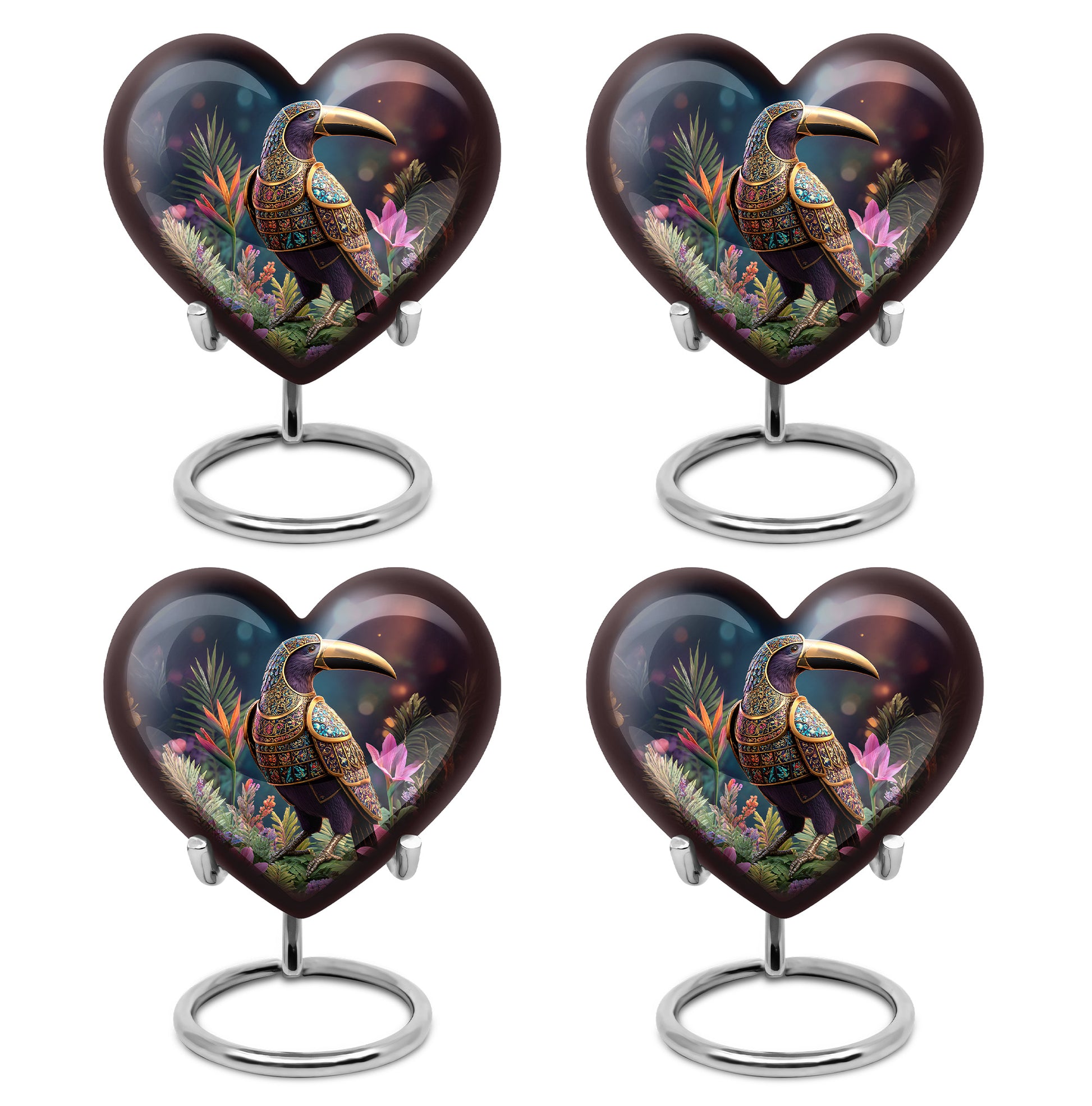 Midnight Black Hornbill Cremation Urn angled view of lid and engraved motif - compassionate heart-hornbill combination with gentle curves - 10 inch aluminum urn for cremated remains