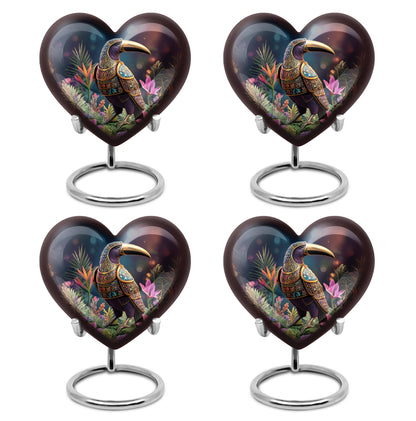 Midnight Black Hornbill Cremation Urn angled view of lid and engraved motif - compassionate heart-hornbill combination with gentle curves - 10 inch aluminum urn for cremated remains