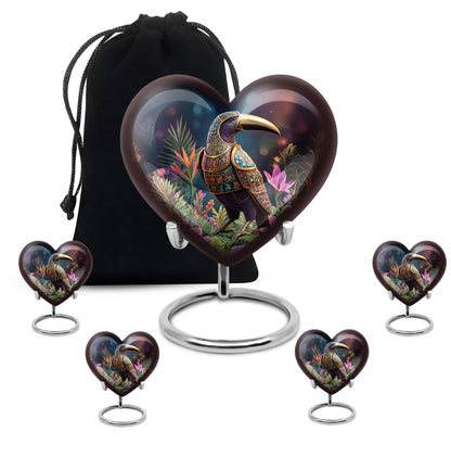 Charcoal Black Hornbill Cremation Urn close-up of engraving and surface detail - romantic heart urn with hornbill motif on aluminum - memorial set with one large and four small urns