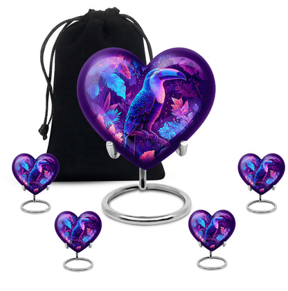 Azure Hornbill Cremation Urn close-up of engraving and surface detail - heart-shaped hornbill design symbolizing eternal love - memorial set with one large and four small urns