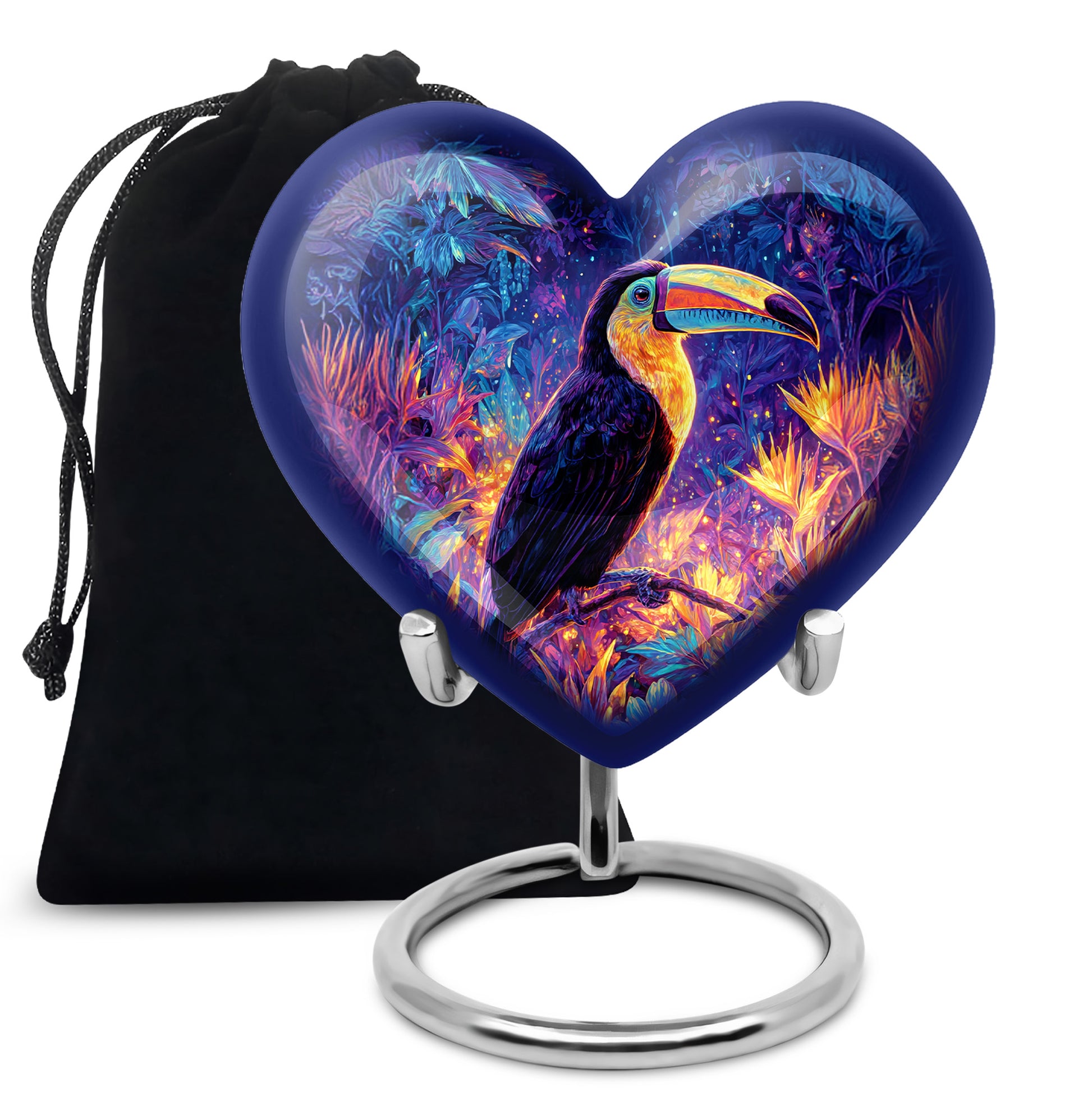 Calming Blue Hornbill Cremation Urn detail view - romantic heart urn with hornbill motif on aluminum - full-size 10 inch 200 cubic inch adult cremation urn