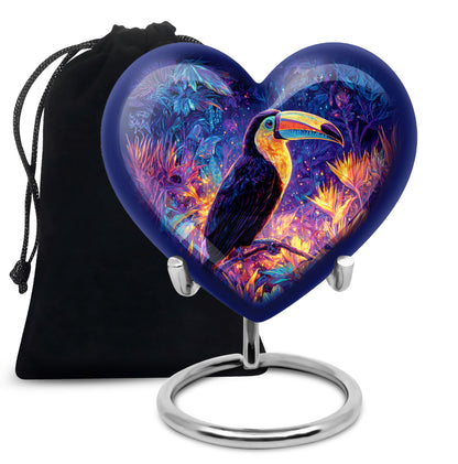 Calming Blue Hornbill Cremation Urn detail view - romantic heart urn with hornbill motif on aluminum - full-size 10 inch 200 cubic inch adult cremation urn