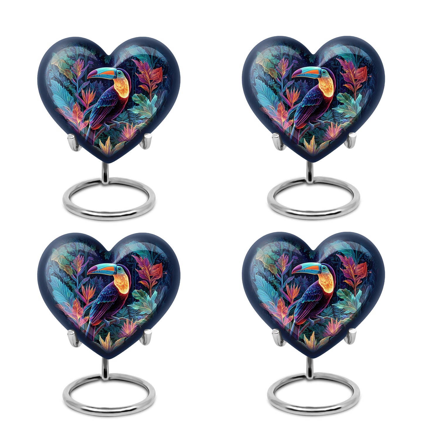 Powder Blue Hornbill Cremation Urn angled view of lid and engraved motif - loving heart memorial featuring hornbill pattern - 10 inch aluminum urn for cremated remains