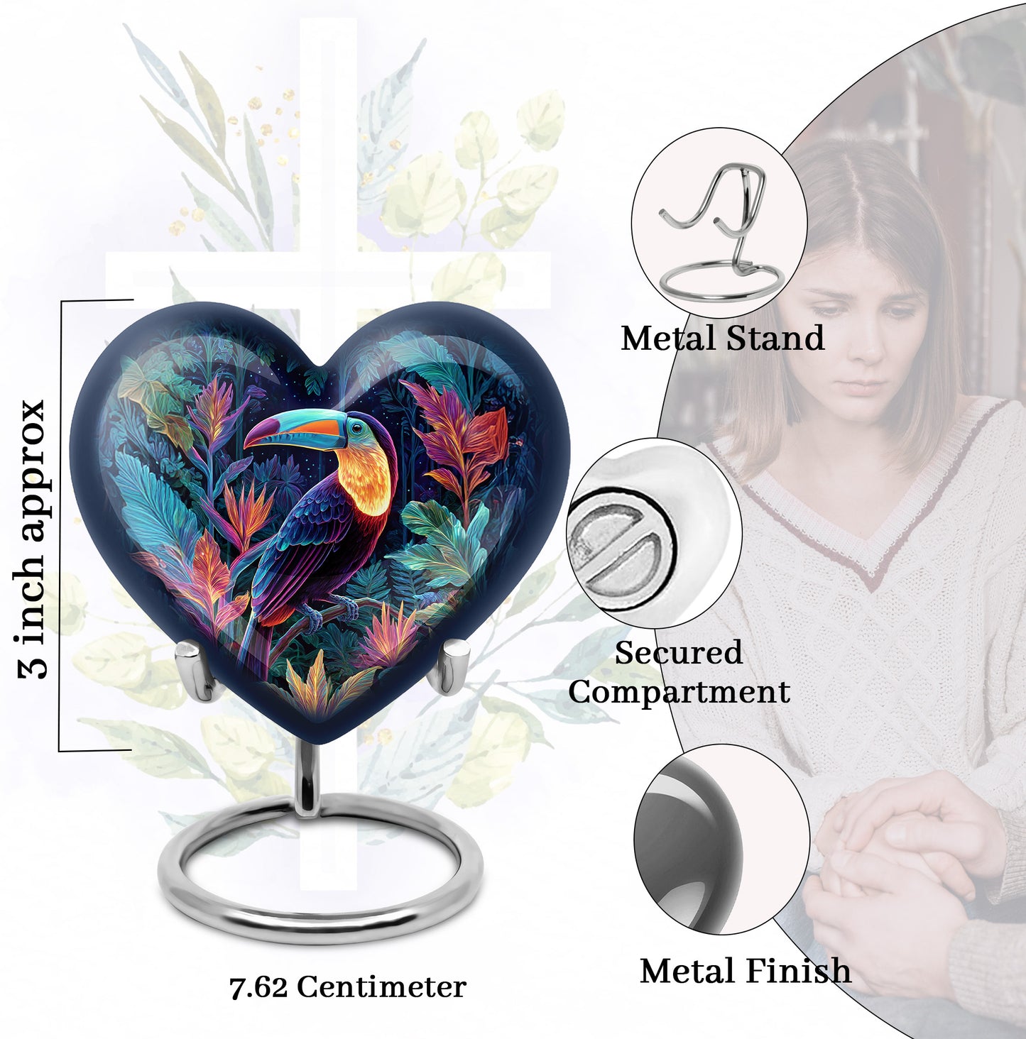 Steel Blue Hornbill Cremation Urn front view showing detailed design - compassionate heart-hornbill combination with gentle curves - mini keepsake memorial for portion of cremation ashes