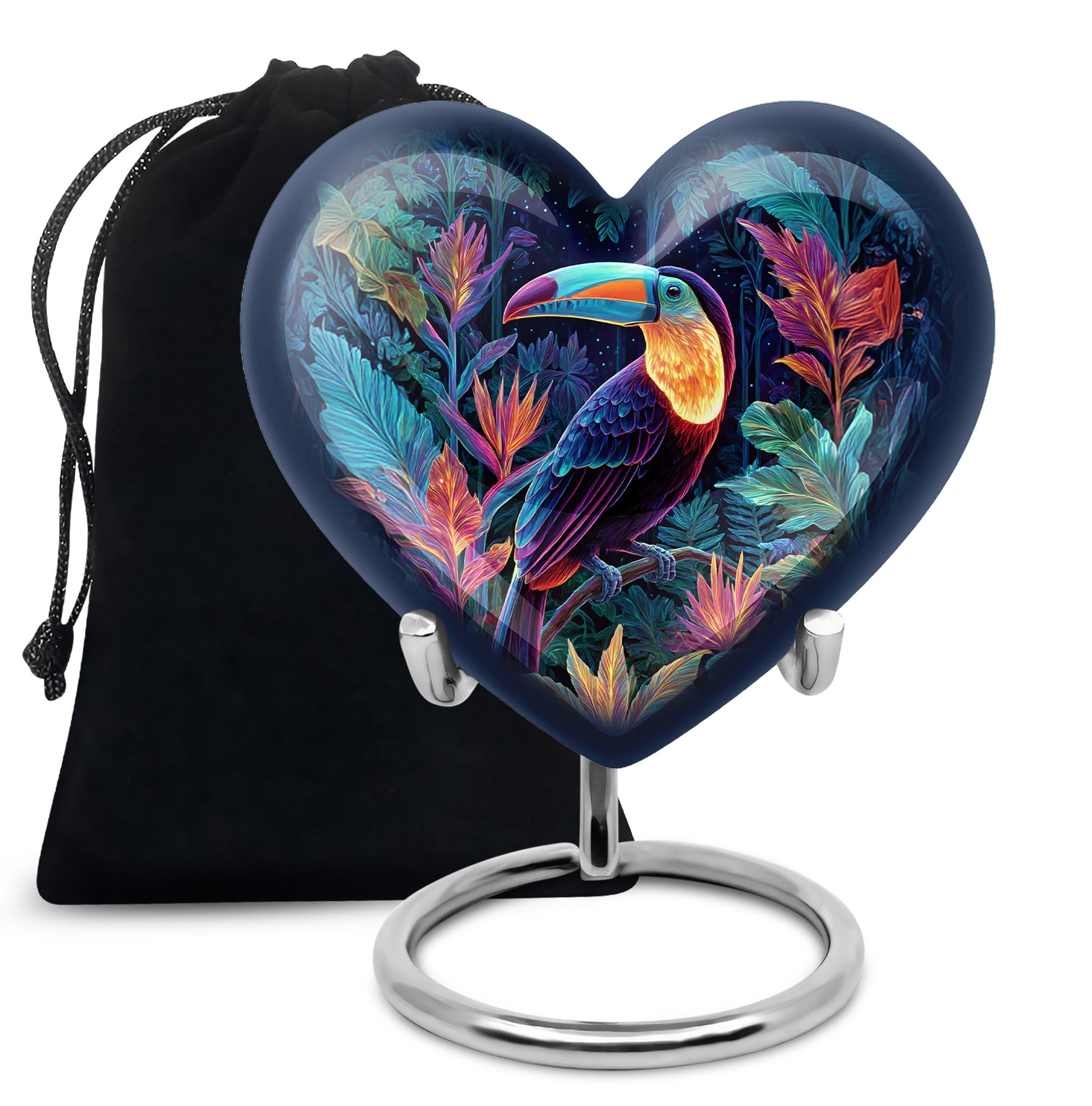 Cobalt Blue Hornbill Cremation Urn detail view - compassionate heart-hornbill combination with gentle curves - full-size 10 inch 200 cubic inch adult cremation urn