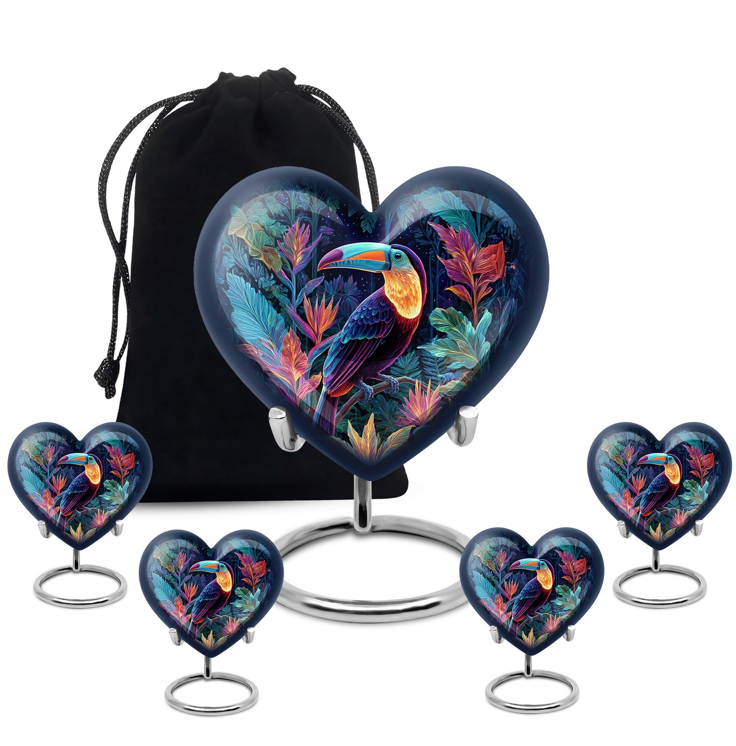 Pastel Blue Hornbill Cremation Urn close-up of engraving and surface detail - heart-shaped hornbill design symbolizing eternal love - memorial set with one large and four small urns