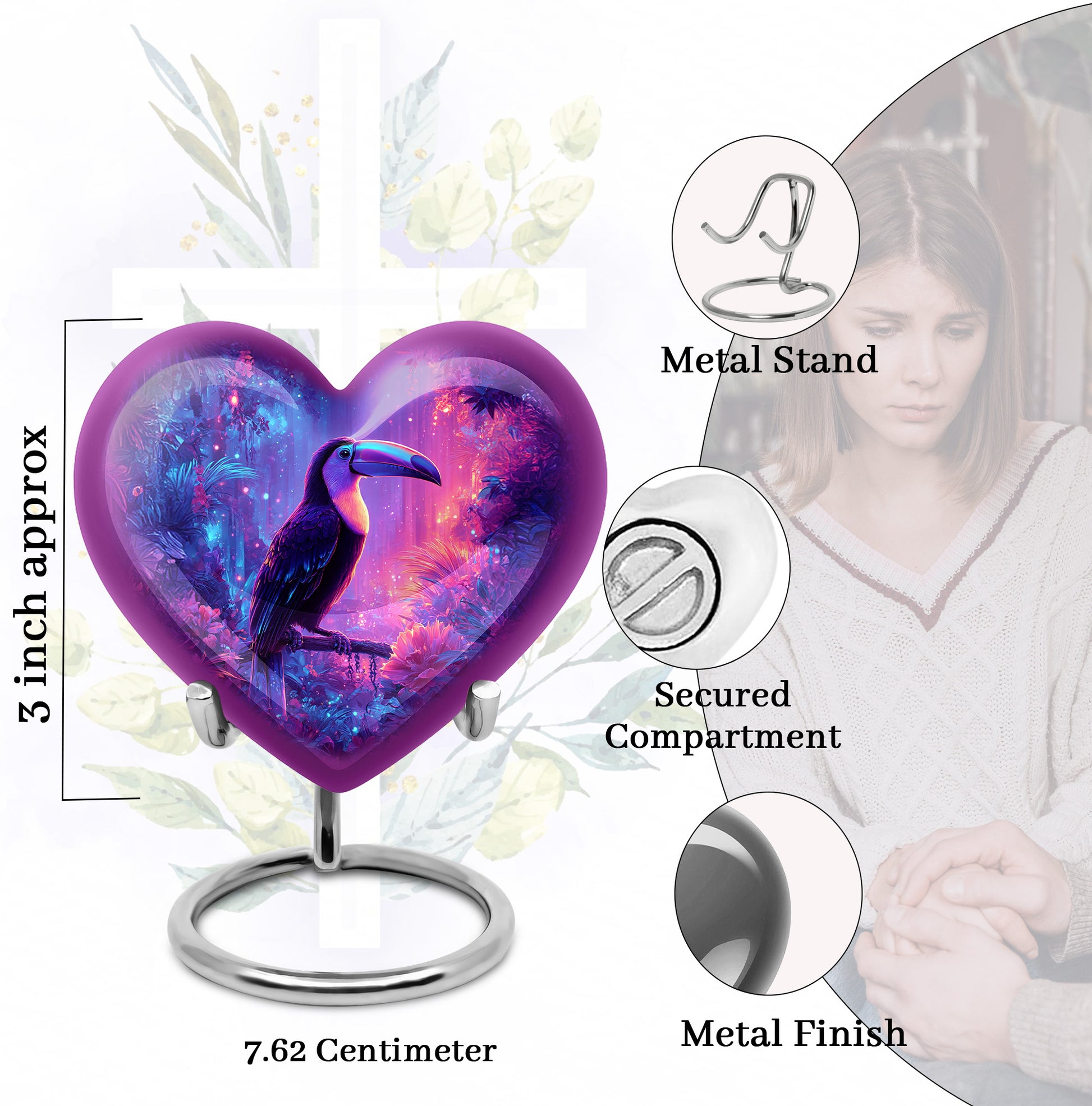Powder Blue Hornbill Cremation Urn front view showing detailed design - heart-shaped hornbill design symbolizing eternal love - mini keepsake memorial for portion of cremation ashes