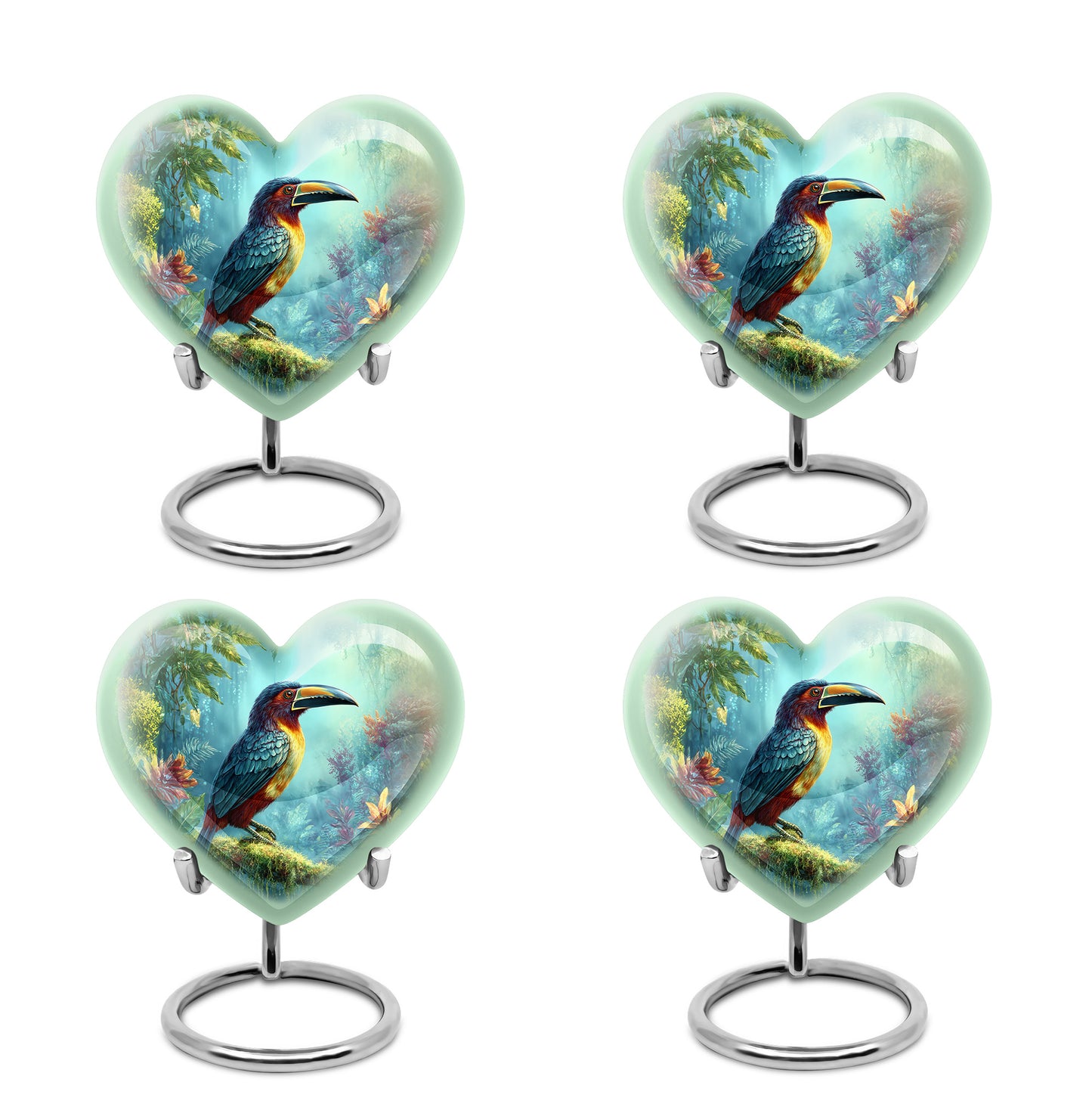 Mystic Teal Hornbill Cremation Urn angled view of lid and engraved motif - romantic heart urn with hornbill motif on aluminum - 10 inch aluminum urn for cremated remains