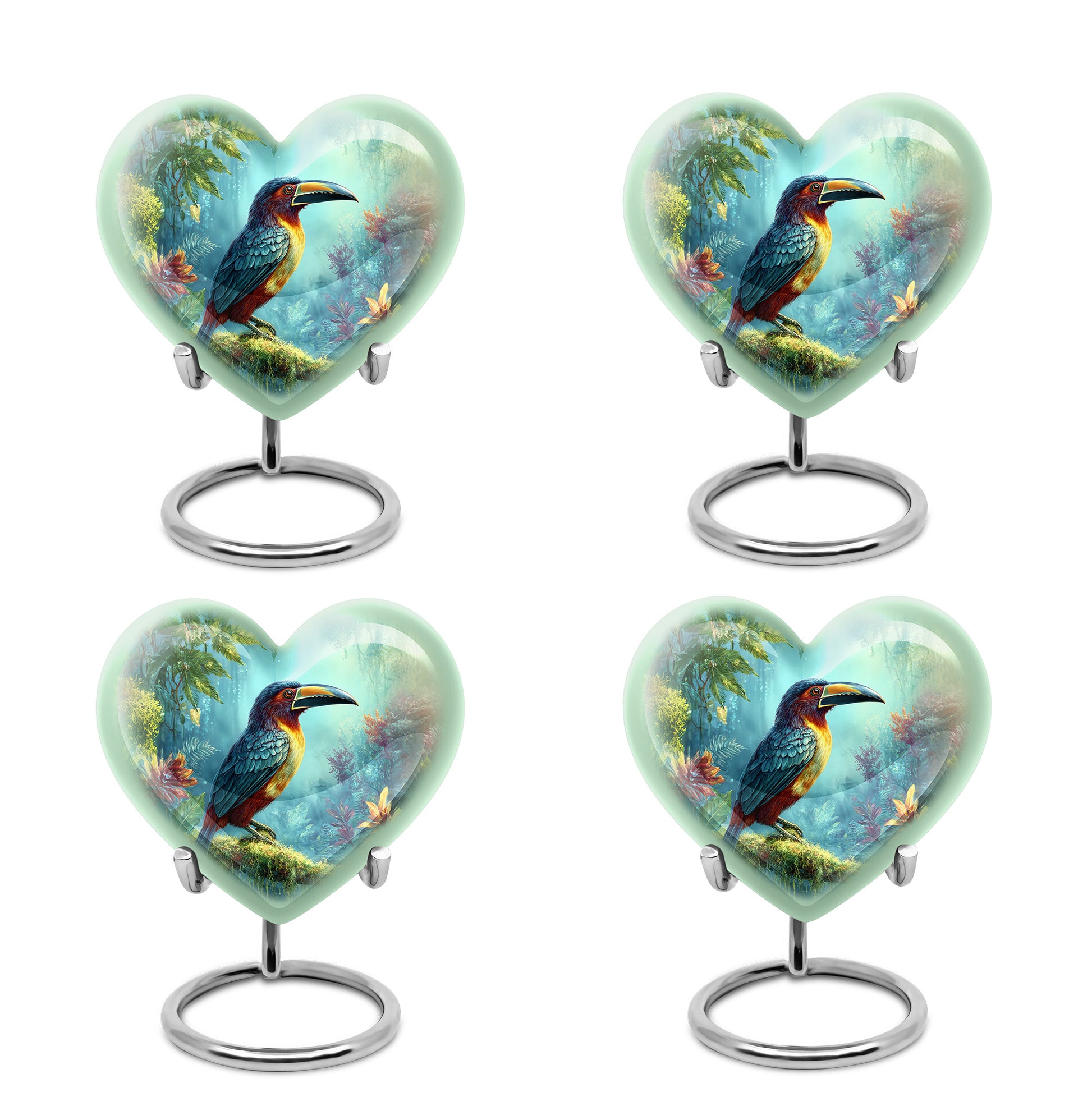 Mystic Teal Hornbill Cremation Urn angled view of lid and engraved motif - romantic heart urn with hornbill motif on aluminum - 10 inch aluminum urn for cremated remains