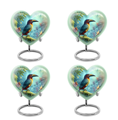 Mystic Teal Hornbill Cremation Urn angled view of lid and engraved motif - romantic heart urn with hornbill motif on aluminum - 10 inch aluminum urn for cremated remains