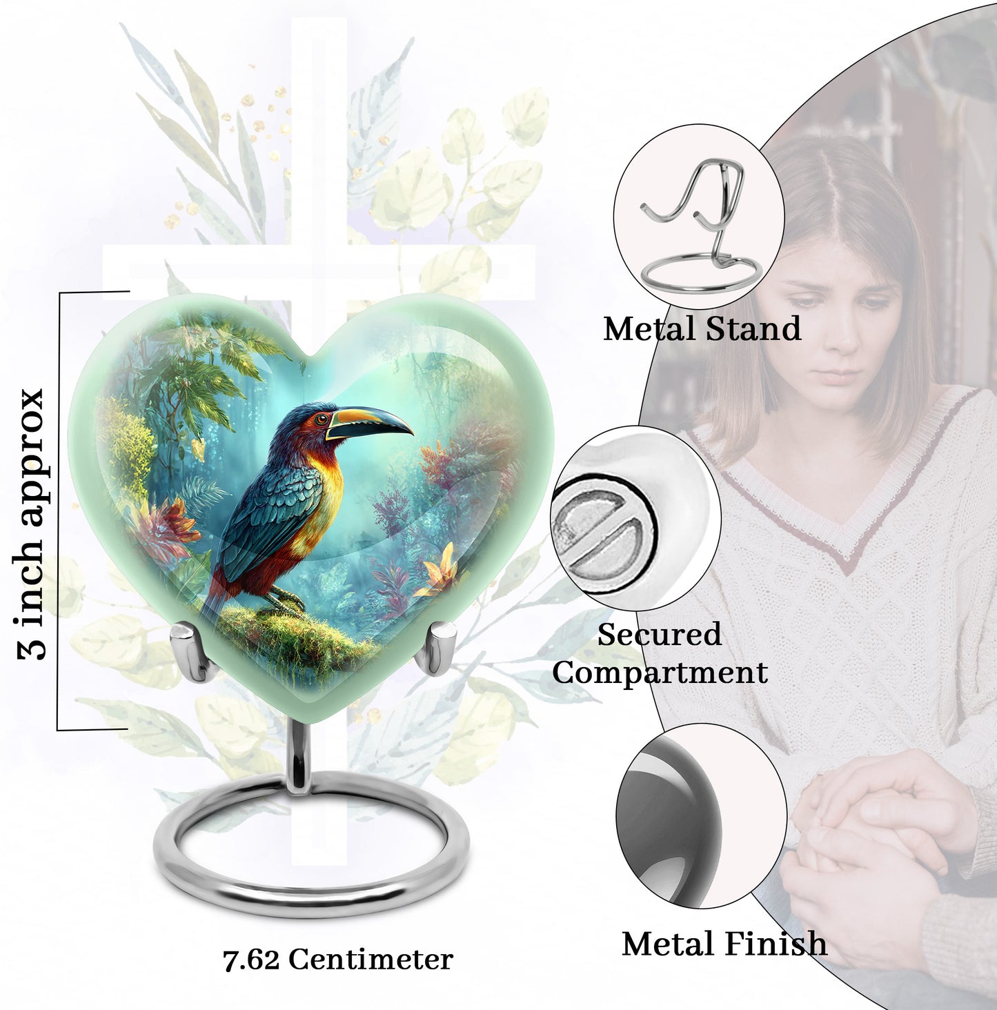Sea Green Teal Hornbill Cremation Urn front view showing detailed design - heart-shaped hornbill design symbolizing eternal love - mini keepsake memorial for portion of cremation ashes