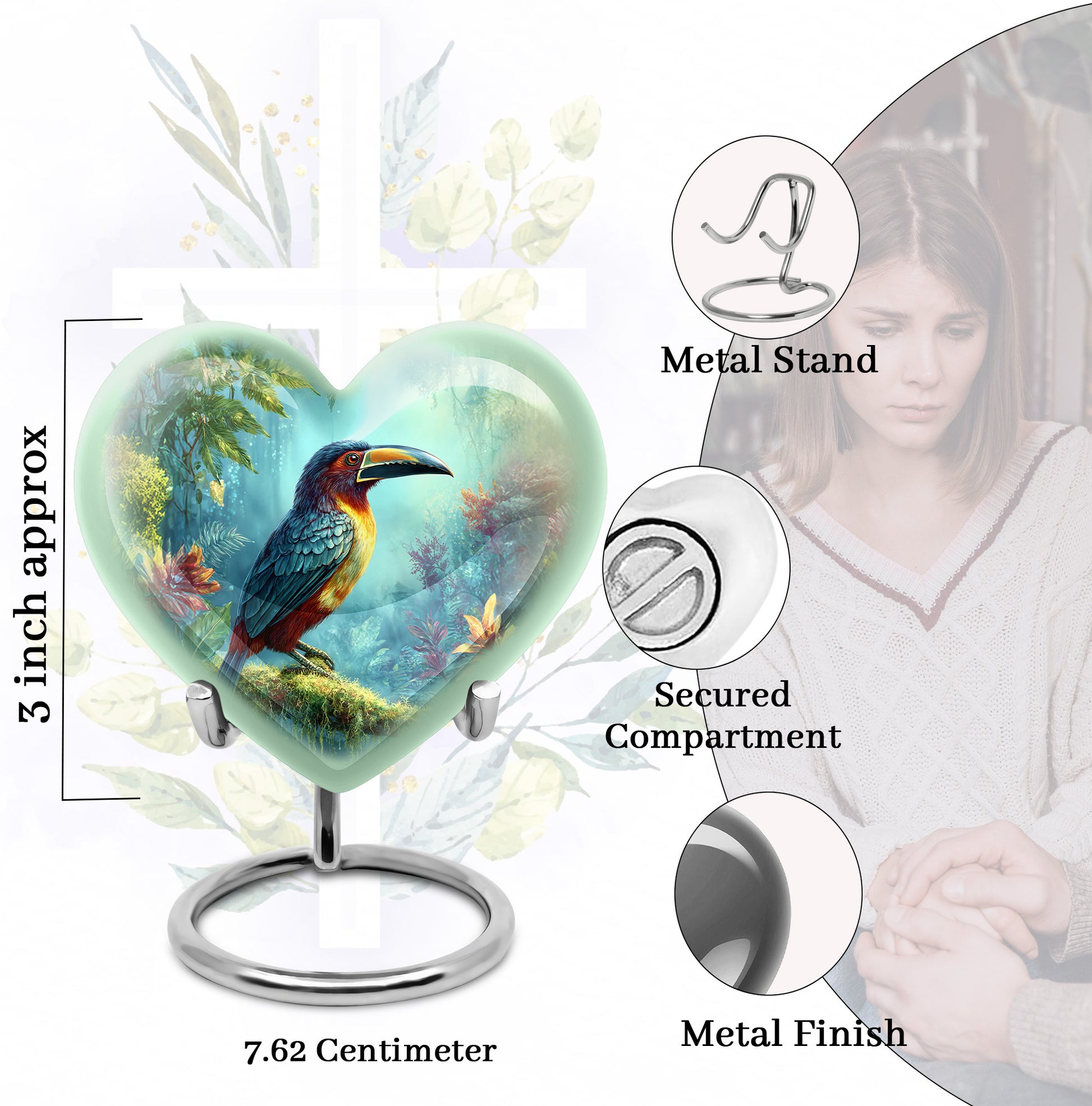 Sea Green Teal Hornbill Cremation Urn front view showing detailed design - heart-shaped hornbill design symbolizing eternal love - mini keepsake memorial for portion of cremation ashes