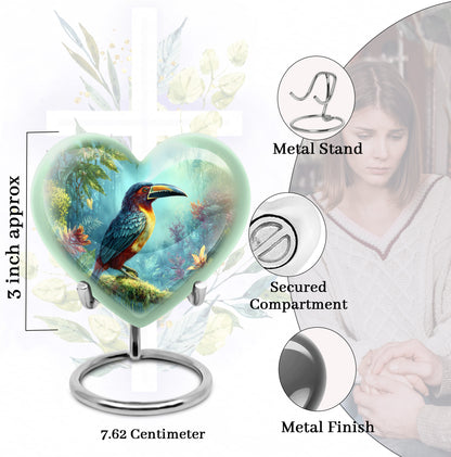 Sea Green Teal Hornbill Cremation Urn front view showing detailed design - heart-shaped hornbill design symbolizing eternal love - mini keepsake memorial for portion of cremation ashes