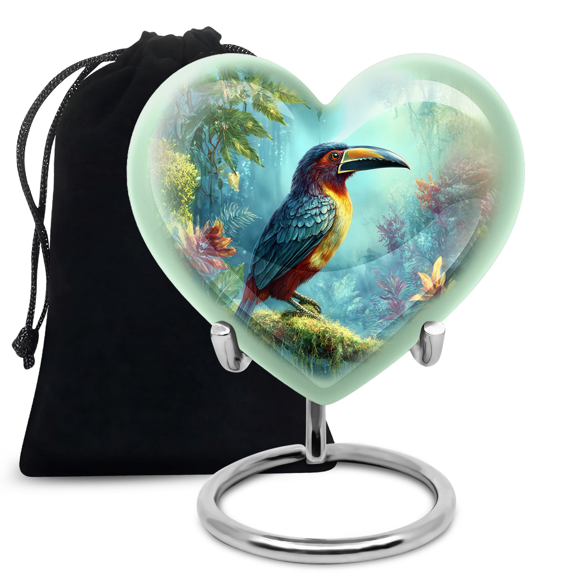 Ocean Teal Hornbill Cremation Urn detail view - heart-shaped hornbill design symbolizing eternal love - full-size 10 inch 200 cubic inch adult cremation urn