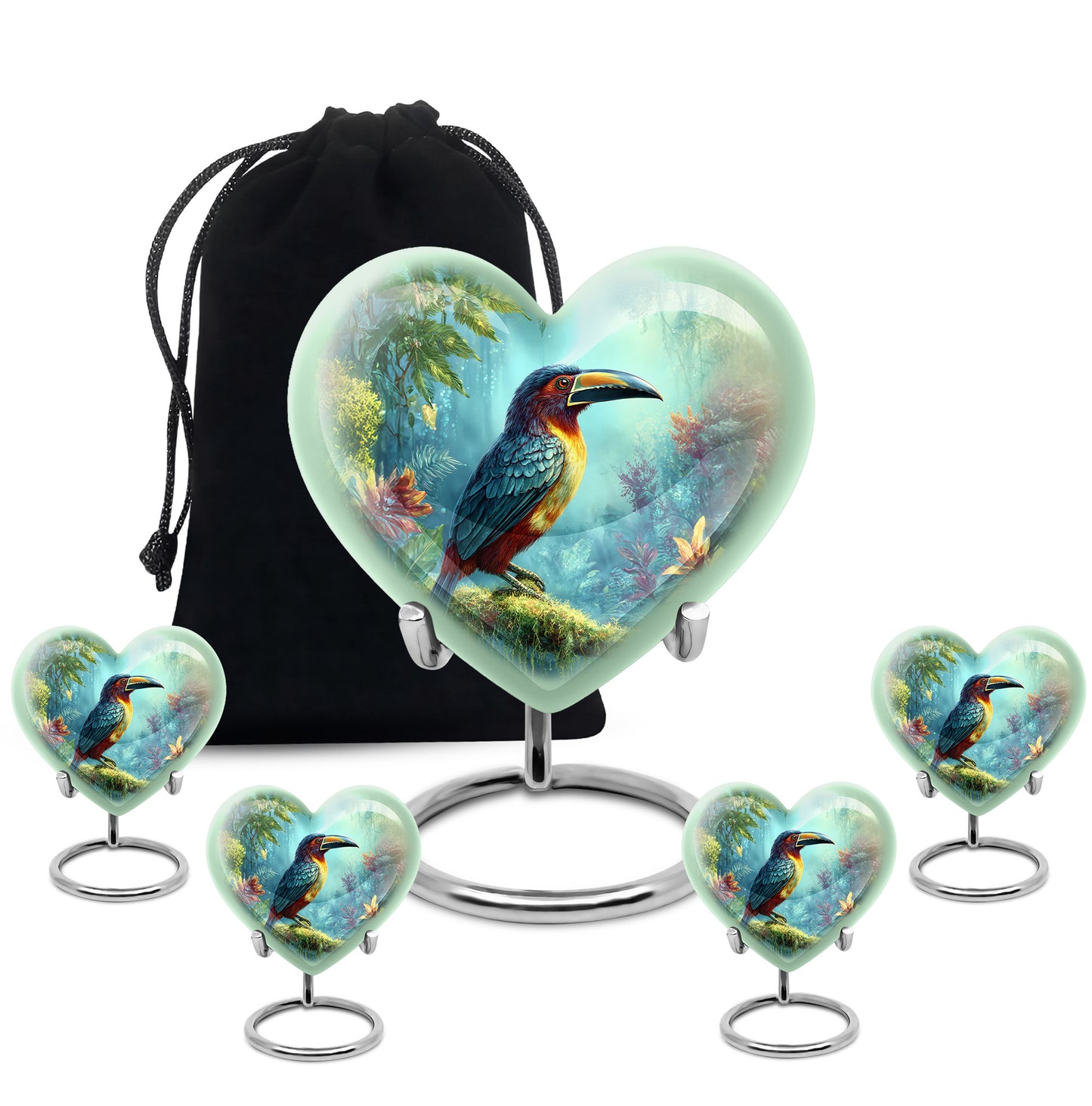 Sea Green Teal Hornbill Cremation Urn close-up of engraving and surface detail - heart-shaped hornbill design symbolizing eternal love - memorial set with one large and four small urns