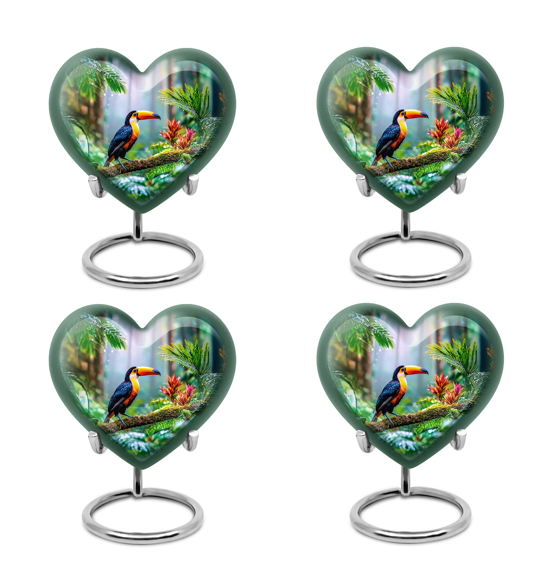 Verdant Green Hornbill Cremation Urn angled view of lid and engraved motif - loving heart memorial featuring hornbill pattern - 10 inch aluminum urn for cremated remains