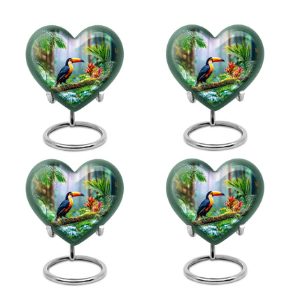 Verdant Green Hornbill Cremation Urn angled view of lid and engraved motif - loving heart memorial featuring hornbill pattern - 10 inch aluminum urn for cremated remains