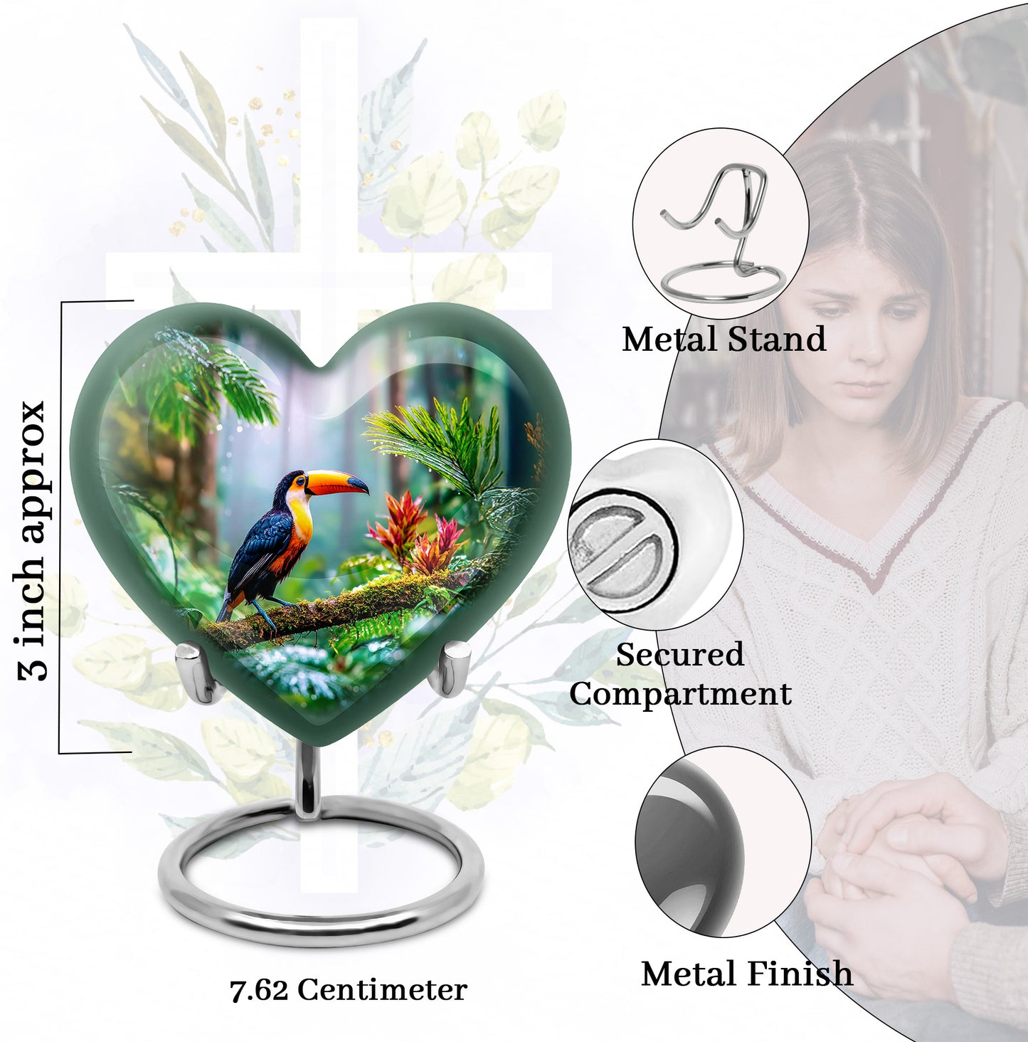 Verdant Green Hornbill Cremation Urn front view showing detailed design - loving heart memorial featuring hornbill pattern - mini keepsake memorial for portion of cremation ashes