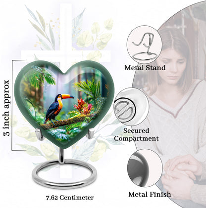 Verdant Green Hornbill Cremation Urn front view showing detailed design - loving heart memorial featuring hornbill pattern - mini keepsake memorial for portion of cremation ashes