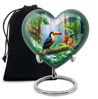 Emerald Green Hornbill Cremation Urn detail view - heart-shaped hornbill design symbolizing eternal love - full-size 10 inch 200 cubic inch adult cremation urn