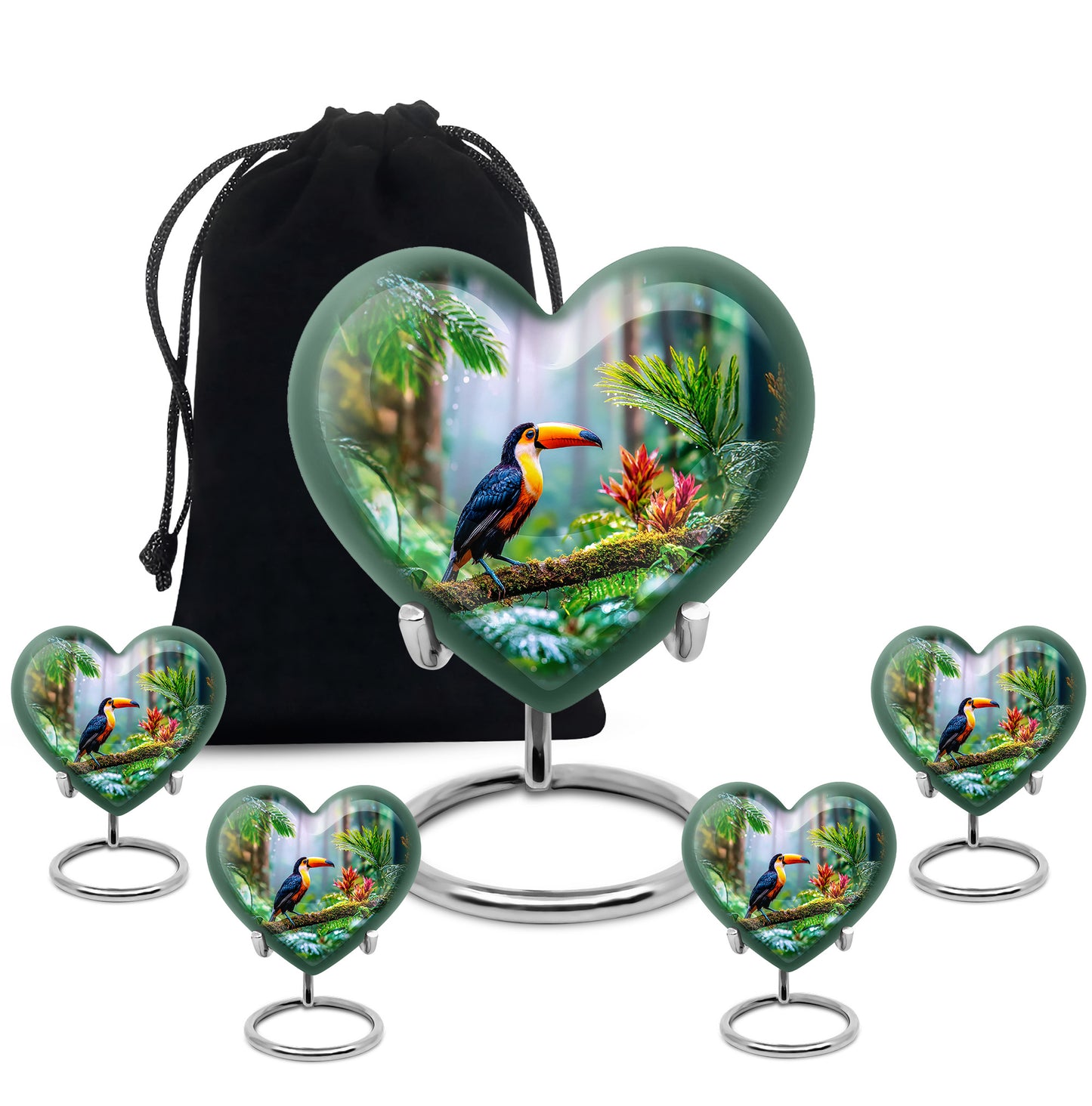 Forest Green Hornbill Cremation Urn close-up of engraving and surface detail - compassionate heart-hornbill combination with gentle curves - memorial set with one large and four small urns