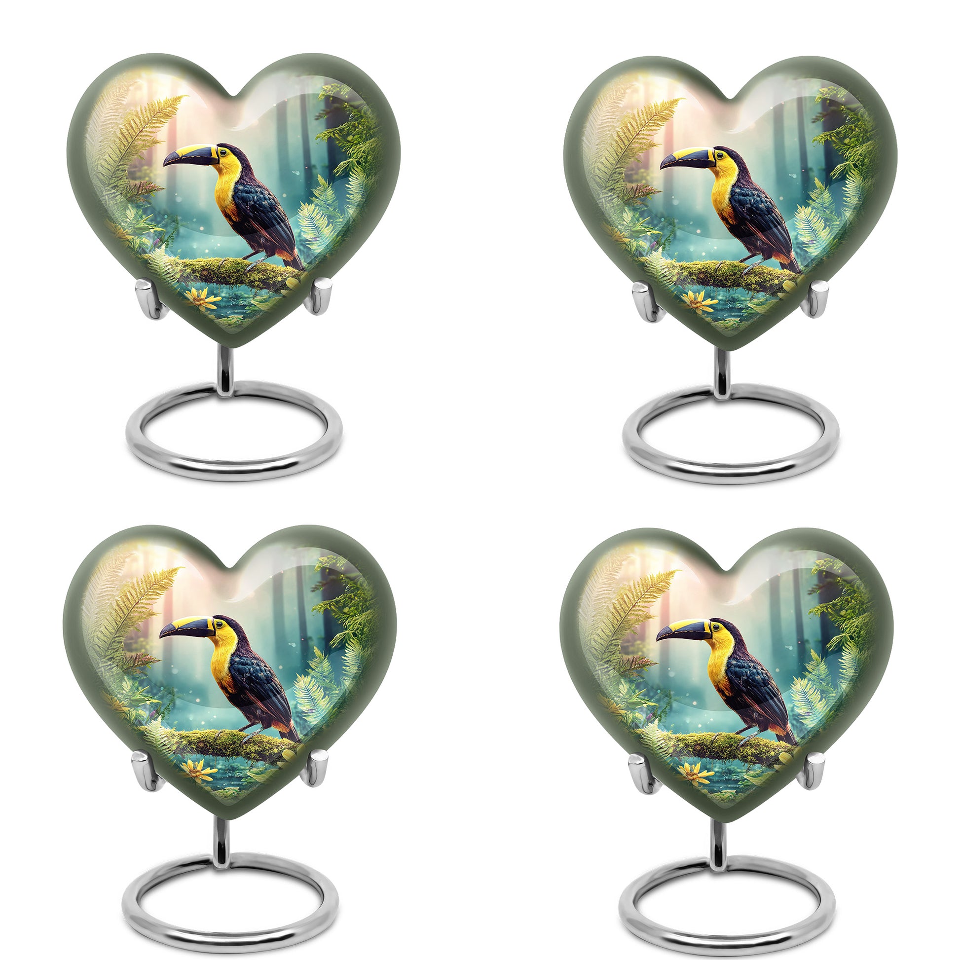 Burnished Gold Hornbill Cremation Urn angled view of lid and engraved motif - compassionate heart-hornbill combination with gentle curves - 10 inch aluminum urn for cremated remains