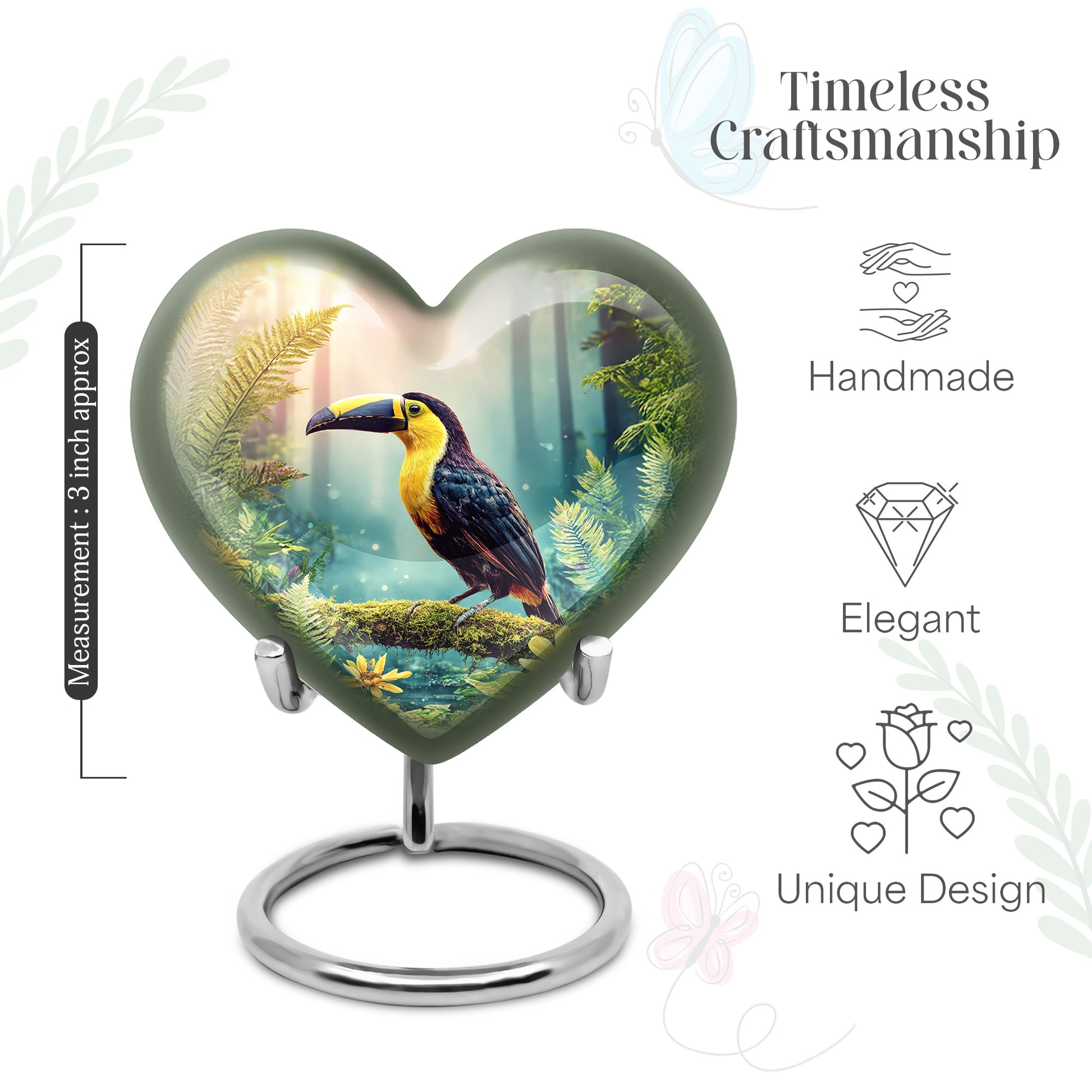 Champagne Gold Hornbill Cremation Urn front view showing detailed design - heart-shaped hornbill design symbolizing eternal love - mini keepsake memorial for portion of cremation ashes