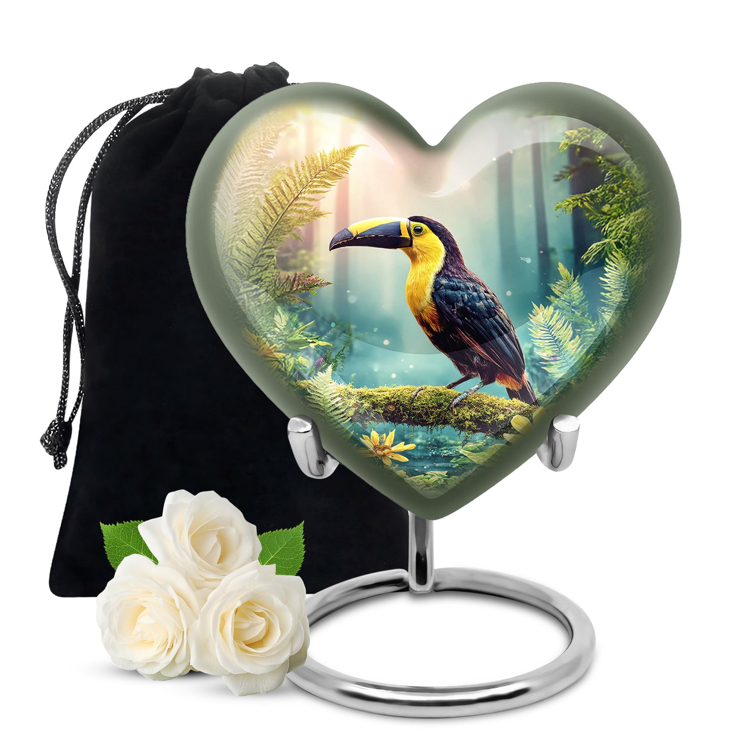 Royal Gold Hornbill Cremation Urn detail view - romantic heart urn with hornbill motif on aluminum - full-size 10 inch 200 cubic inch adult cremation urn