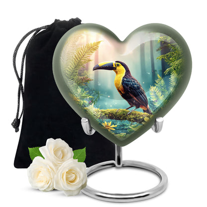 Royal Gold Hornbill Cremation Urn detail view - romantic heart urn with hornbill motif on aluminum - full-size 10 inch 200 cubic inch adult cremation urn