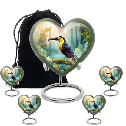 Champagne Gold Hornbill Cremation Urn close-up of engraving and surface detail - loving heart memorial featuring hornbill pattern - memorial set with one large and four small urns