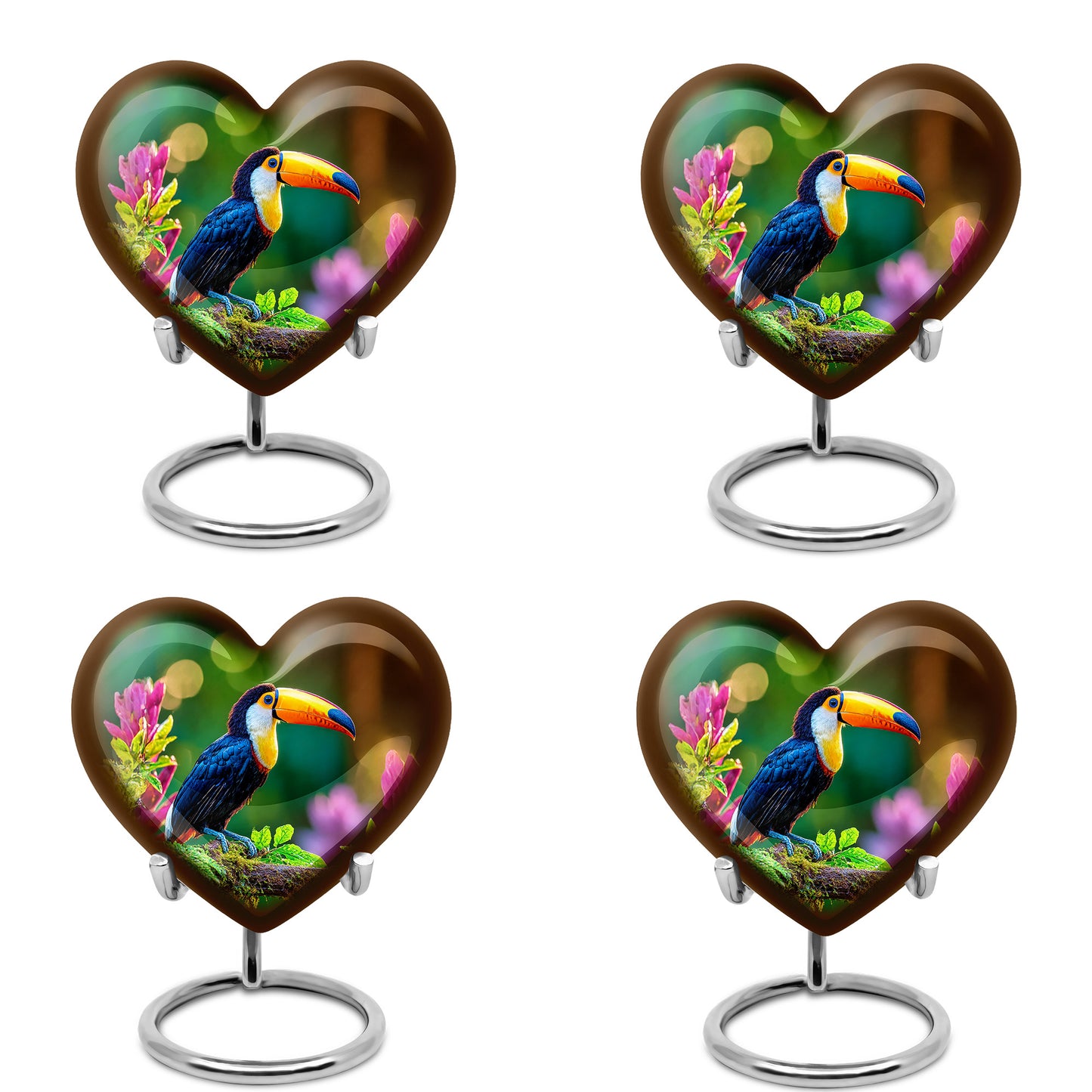 Marigold Yellow Hornbill Cremation Urn angled view of lid and engraved motif - compassionate heart-hornbill combination with gentle curves - 10 inch aluminum urn for cremated remains
