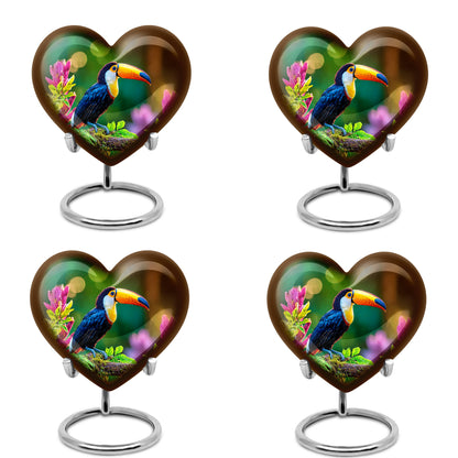 Marigold Yellow Hornbill Cremation Urn angled view of lid and engraved motif - compassionate heart-hornbill combination with gentle curves - 10 inch aluminum urn for cremated remains