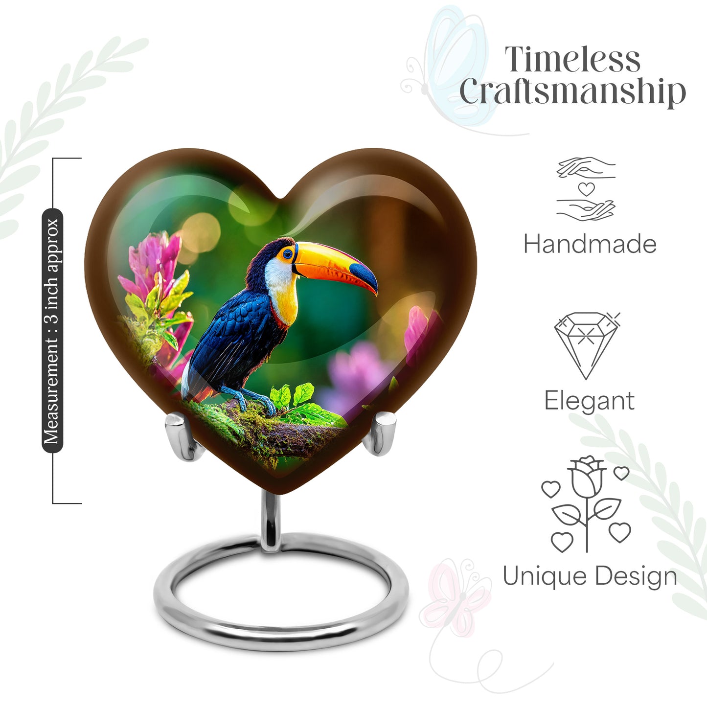 Golden Yellow Hornbill Cremation Urn front view showing detailed design - loving heart memorial featuring hornbill pattern - mini keepsake memorial for portion of cremation ashes