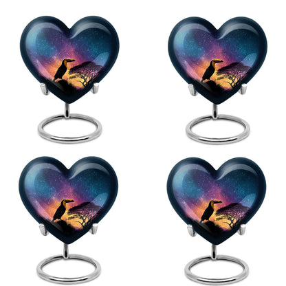 Cobalt Blue Hornbill Cremation Urn angled view of lid and engraved motif - romantic heart urn with hornbill motif on aluminum - 10 inch aluminum urn for cremated remains