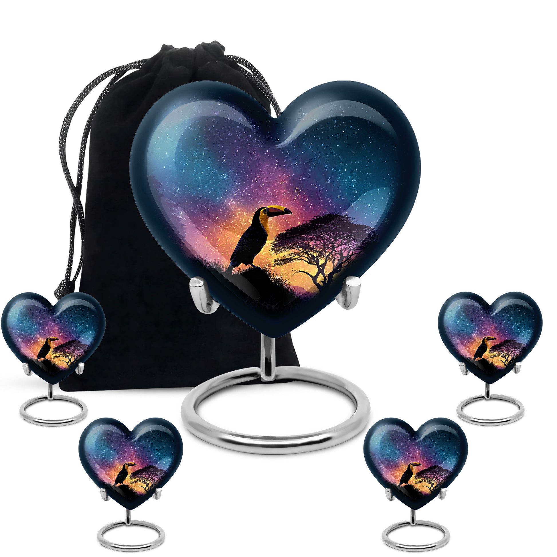Sapphire Blue Hornbill Cremation Urn close-up of engraving and surface detail - romantic heart urn with hornbill motif on aluminum - memorial set with one large and four small urns