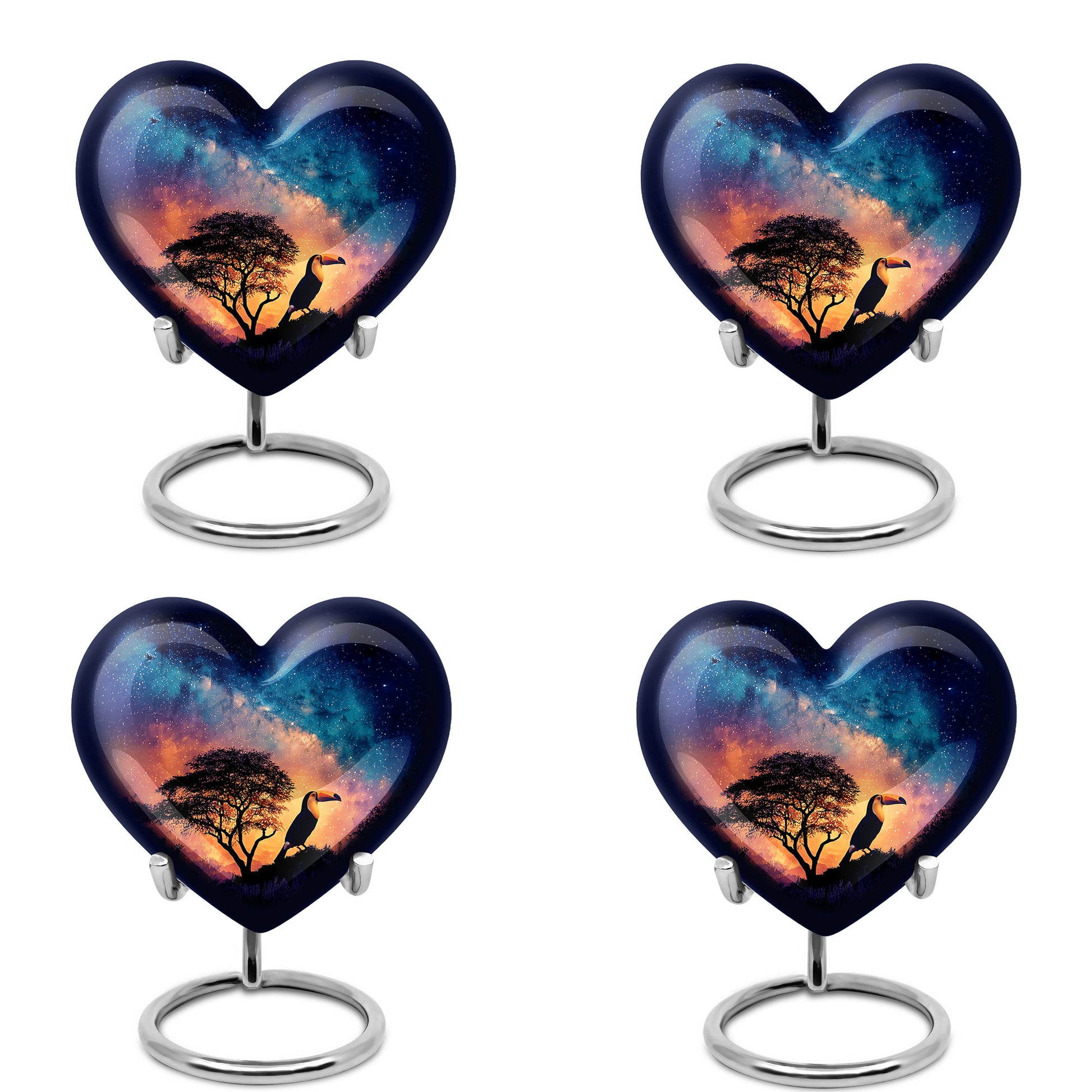 Twilight Blue Hornbill Cremation Urn angled view of lid and engraved motif - romantic heart urn with hornbill motif on aluminum - 10 inch aluminum urn for cremated remains