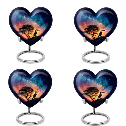 Twilight Blue Hornbill Cremation Urn angled view of lid and engraved motif - romantic heart urn with hornbill motif on aluminum - 10 inch aluminum urn for cremated remains