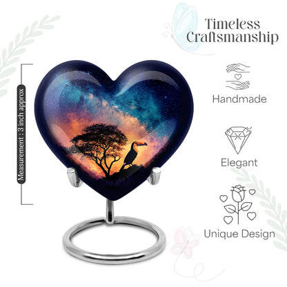 Indigo Hornbill Cremation Urn front view showing detailed design - heart-shaped hornbill design symbolizing eternal love - mini keepsake memorial for portion of cremation ashes