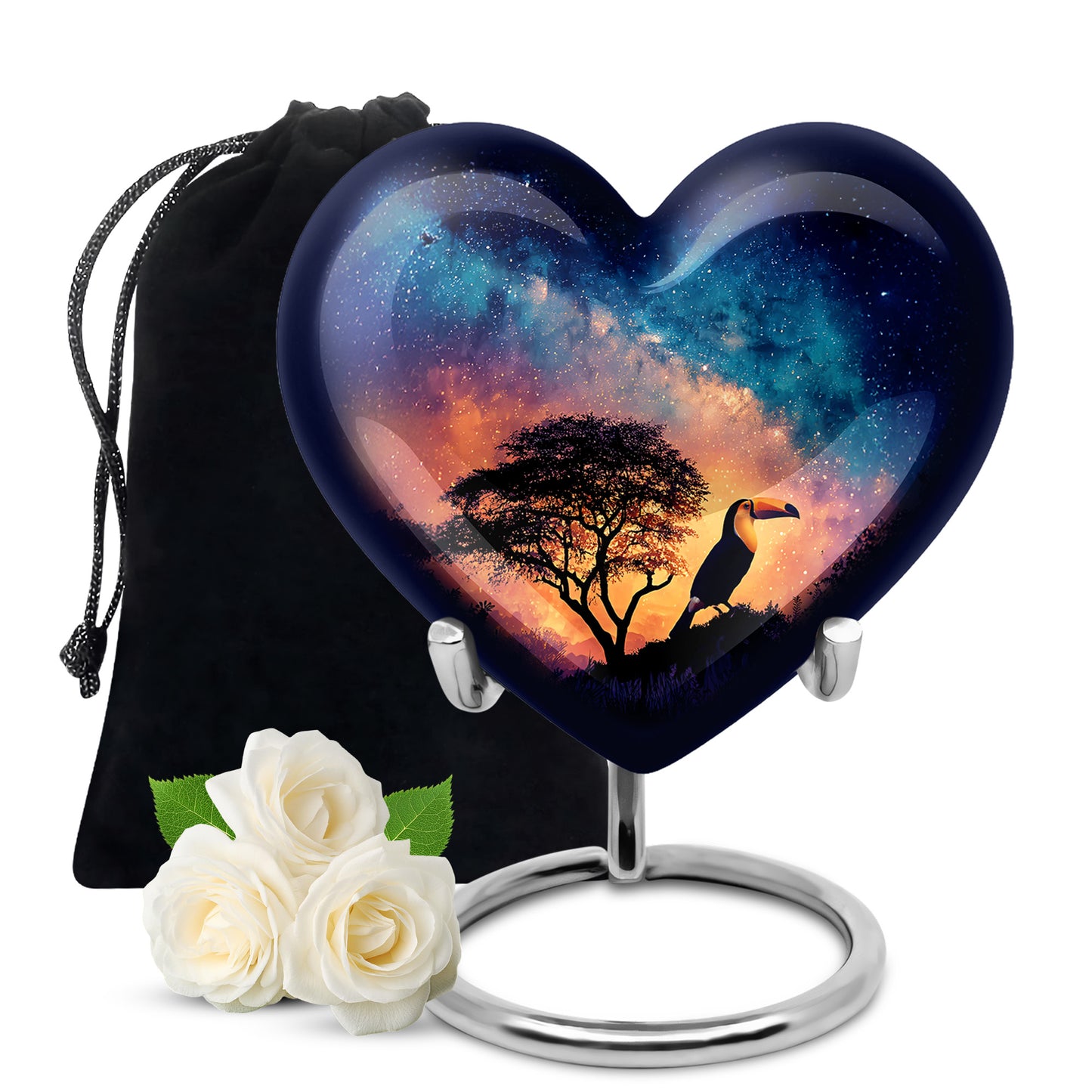 Celestial Blue Hornbill Cremation Urn detail view - loving heart memorial featuring hornbill pattern - full-size 10 inch 200 cubic inch adult cremation urn