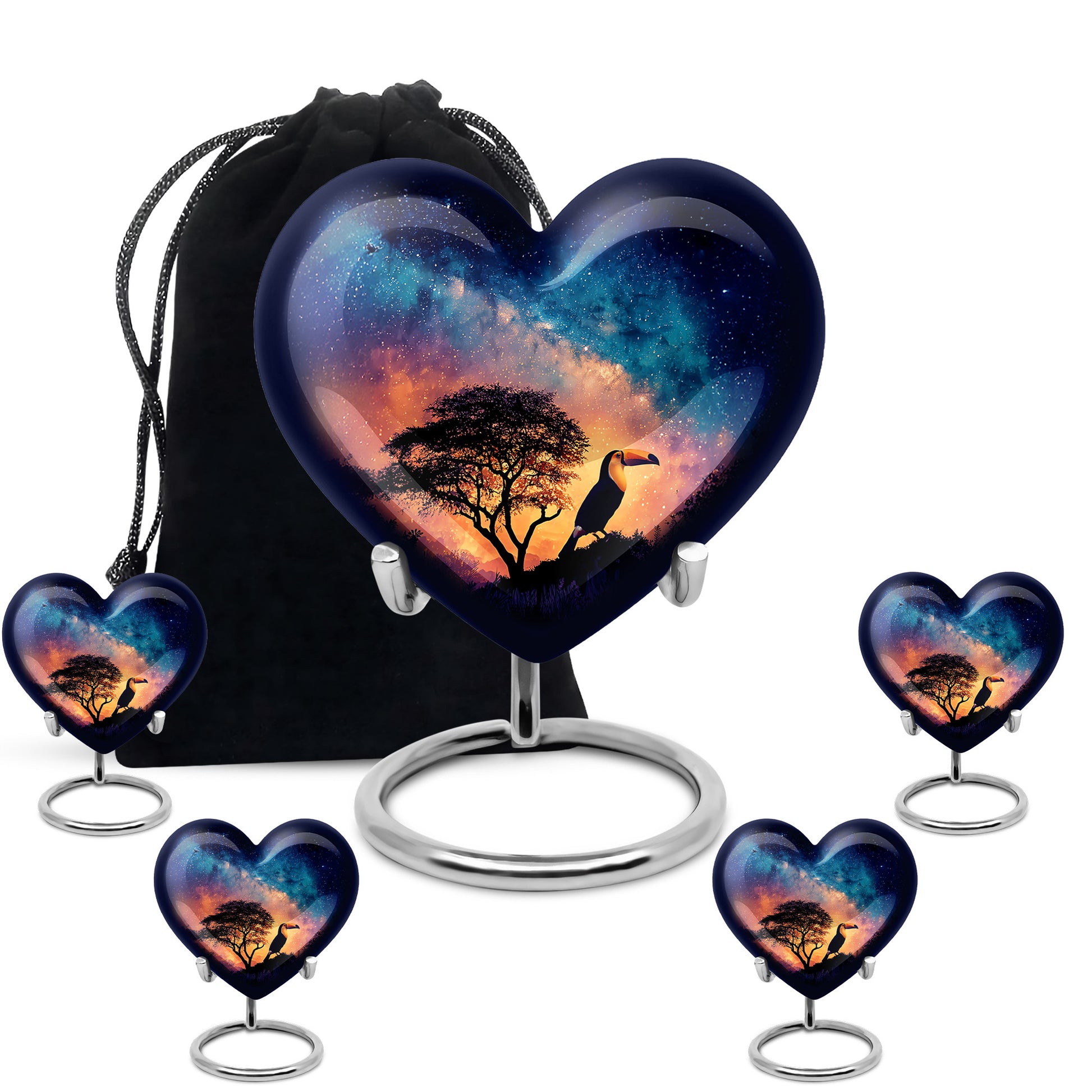 Slate Blue Hornbill Cremation Urn close-up of engraving and surface detail - loving heart memorial featuring hornbill pattern - memorial set with one large and four small urns