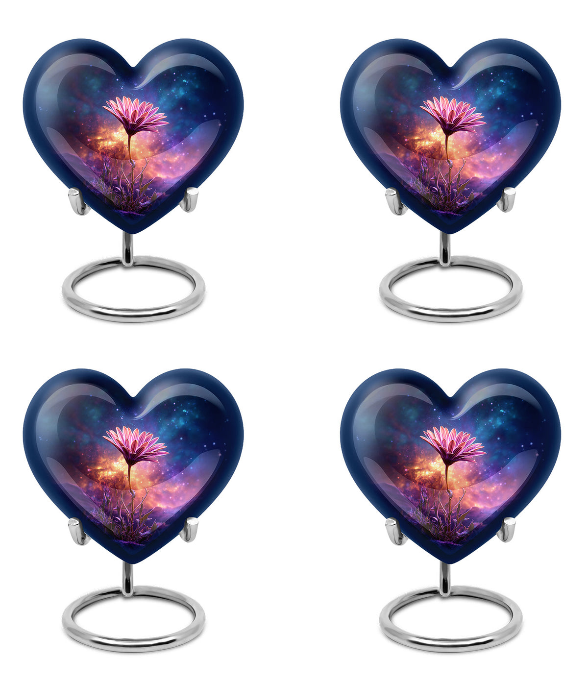 Twilight Blue Daisy Cremation Urn angled view of lid and engraved motif - compassionate heart-daisy combination with gentle curves - 10 inch aluminum urn for cremated remains