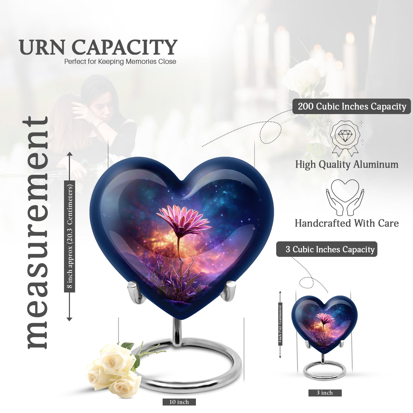 Slate Blue Daisy Cremation Urn front view showing detailed design - heart-shaped daisy design symbolizing eternal love - mini keepsake memorial for portion of cremation ashes